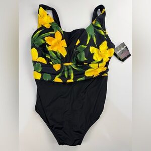 Inches Away Swim One Piece Swimsuit Contour Ruched Ruffle Black Full Coverage 22